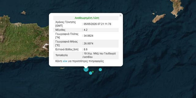 Νέος σεισμός 4,2 Ρίχτερ ανοιχτά του Λασιθίου