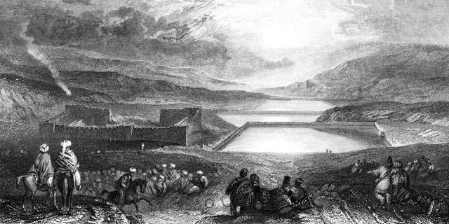 Οι Δεξαμενές του Σολομώντα στη Δυτική Όχθη, στην Παλαιστίνη, σε σχέδιο του Τζόζεφ Μάλορντ Ουίλιαμ Τέρνερ. Χαλκογραφία εποχής, περίπου του 19ου αιώνα.