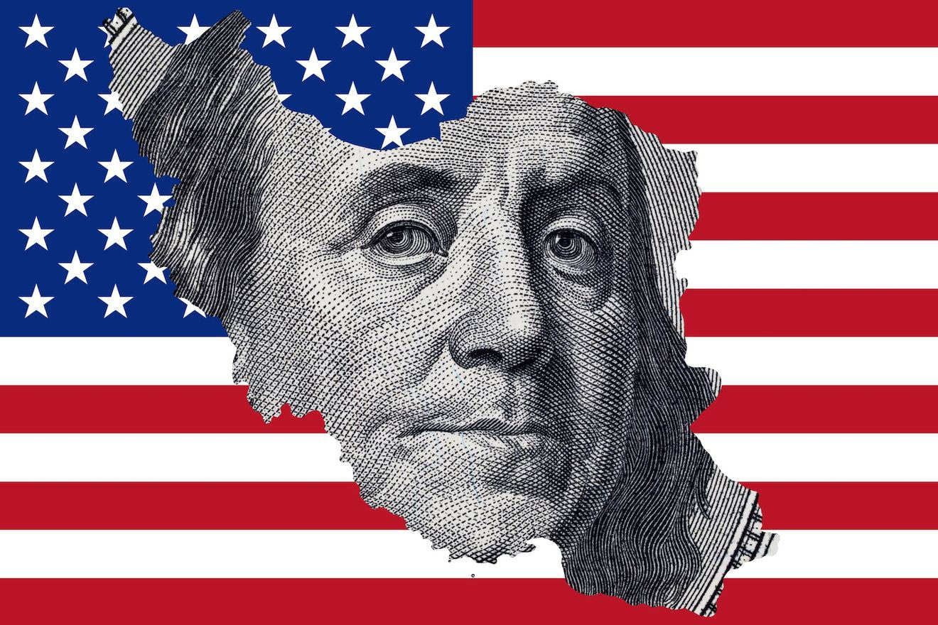 Map of Iran with a fragment of a 100 dollar bill of the United States of America on the background of the US flag. War between the USA and Iran.