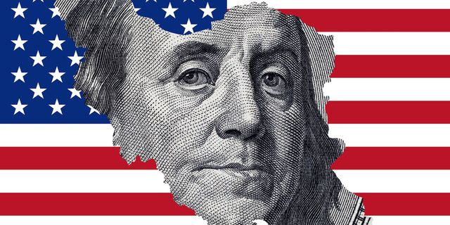 Map of Iran with a fragment of a 100 dollar bill of the United States of America on the background of the US flag. War between the USA and Iran.