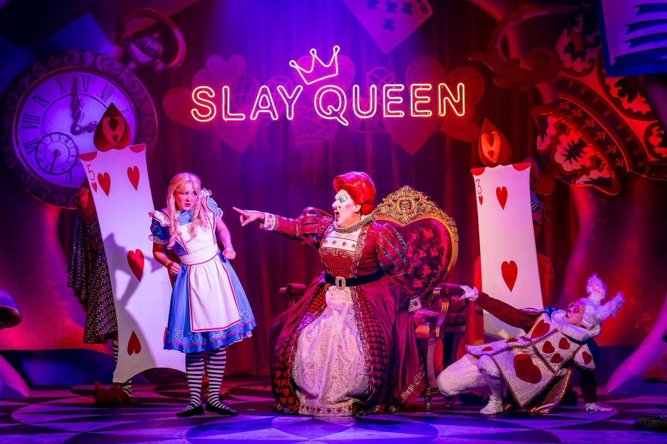 Charlotte Bradley (Alice), Daniel Page (Queen of Hearts), and Clare Brice (White Rabbit)