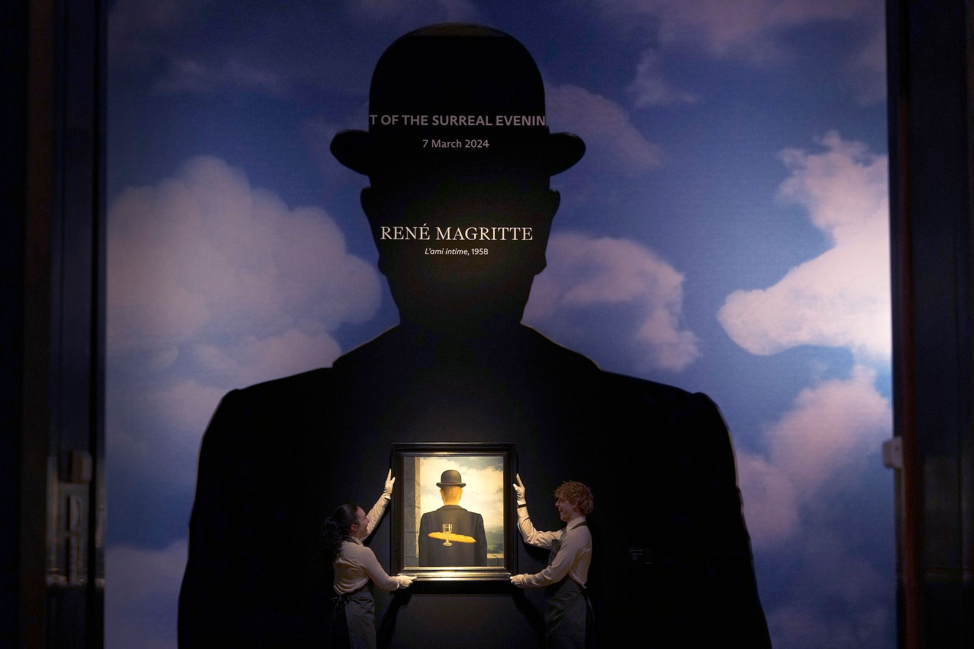 A painting by Rene Magritte called L'ami intime is displayed at Christie's auction rooms in London, Friday, March 1, 2024. The painting estimated at 30-50 million UK Pounds (37.94-63.24 million US Dollars) will be for auction in the The 20th / 21st Century: London Evening Sale and The Art of the Surreal Evening Sale on March 7. 