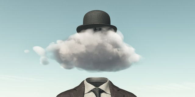 Business man with a cloud instead of head - creative idea concept. 3D render illustration