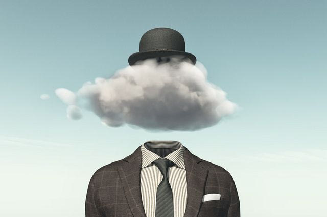 Business man with a cloud instead of head - creative idea concept. 3D render illustration
