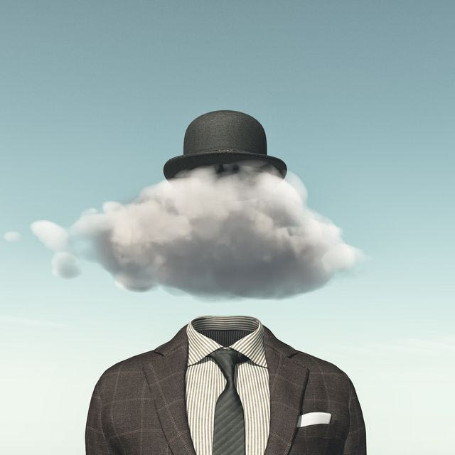 Business man with a cloud instead of head - creative idea concept. 3D render illustration