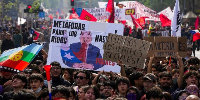 Students protest possible spending cuts and government austerity measures in Santiago, Chile, Thursday, Oct. 1, 2026