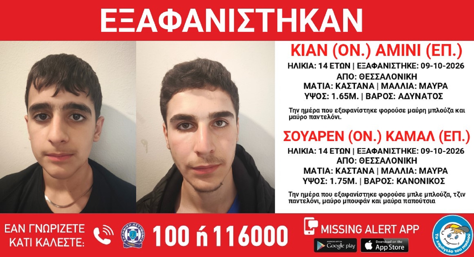 Συναγερμός για την εξαφάνιση δύο ανηλίκων από τη Θεσσαλονίκη