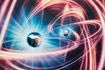 Quantum correlation- 3d rendered image of quantum entanglement. Abstract background. Quantum mechanics background. Atomic structure, large collider, CERN concept. Muon Spinning particle, muon g-2, Higgs boson light speed neon stripes abstract image. Collision of Particles in the Abstract Collider.