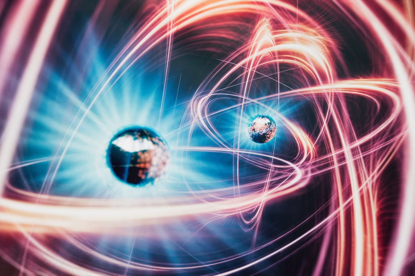 Quantum correlation- 3d rendered image of quantum entanglement. Abstract background. Quantum mechanics background. Atomic structure, large collider, CERN concept. Muon Spinning particle, muon g-2, Higgs boson light speed neon stripes abstract image. Collision of Particles in the Abstract Collider.