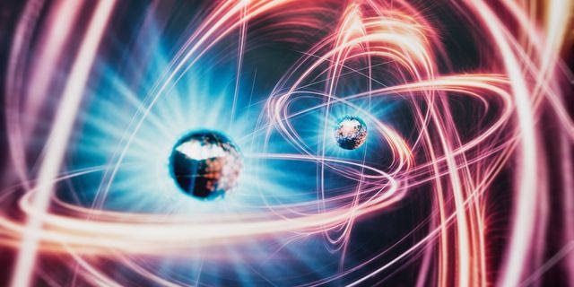 Quantum correlation- 3d rendered image of quantum entanglement. Abstract background. Quantum mechanics background. Atomic structure, large collider, CERN concept. Muon Spinning particle, muon g-2, Higgs boson light speed neon stripes abstract image. Collision of Particles in the Abstract Collider.