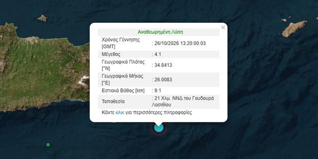 Σεισμός 4,1 Ρίχτερ ανοιχτά του Λασιθίου