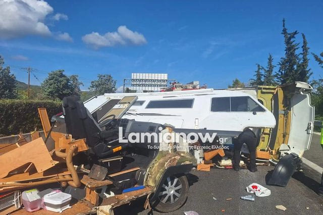 Τροχόσπιτο ανετράπη στην Εθνική Οδό προς Λαμία – Σώοι οι επιβαίνοτες