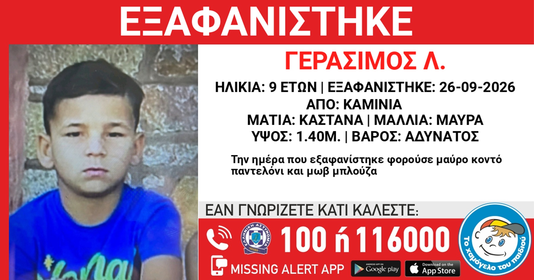 Συναγερμός για την εξαφάνιση 9χρονου από τα Καμίνια